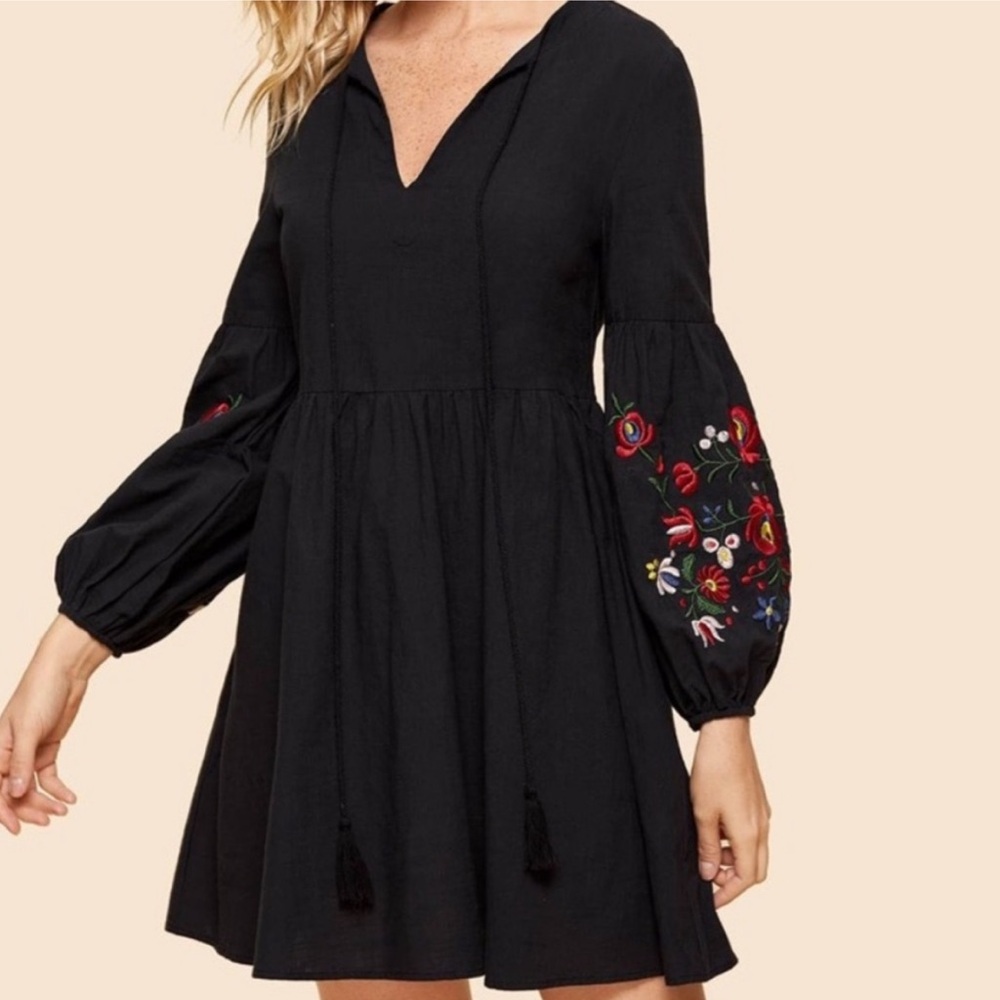 SHEIN Black Dress with Colorful Embroidery